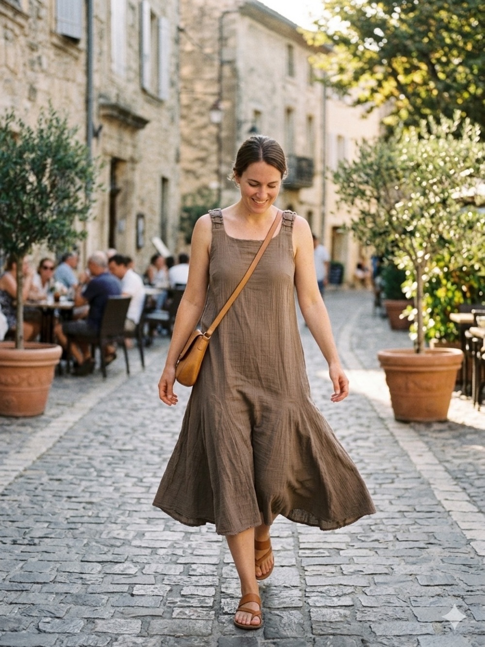 Sleeveless Taupe Cotton Blend Midi Dress